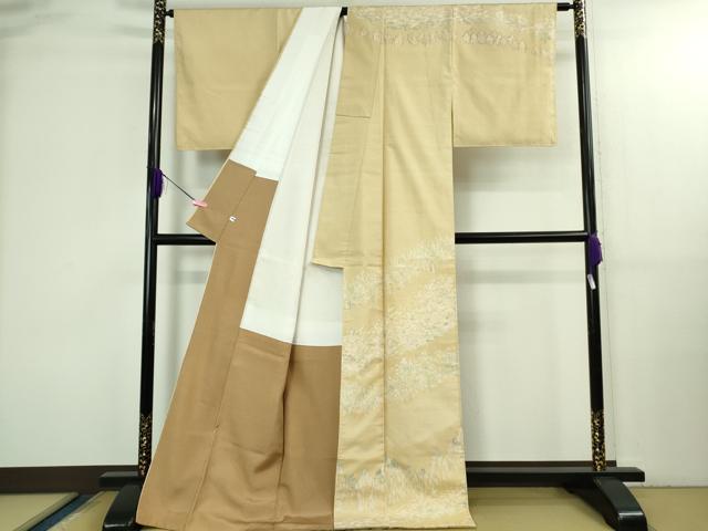 平和屋本店●極上 石川県指定無形文化財 牛首紬 白山工房 手織り 訪問着 樹林文 蜂蜜色地 証紙付き ロング丈 逸品 DZAB3260kh6