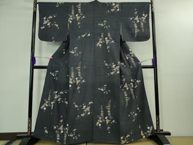 平和屋着物●極上　染織の名門　しょうざん  生紬　訪問着　草花文　青褐色地　金彩　証紙付き　逸品　DZAB3274kh6