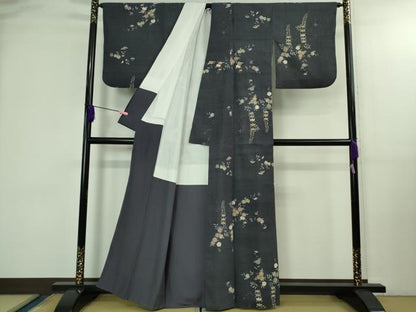 平和屋着物●極上　染織の名門　しょうざん  生紬　訪問着　草花文　青褐色地　金彩　証紙付き　逸品　DZAB3274kh6