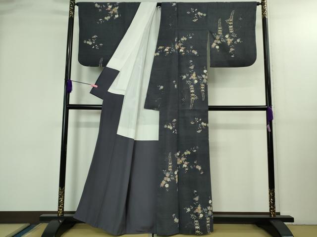 平和屋着物●極上　染織の名門　しょうざん  生紬　訪問着　草花文　青褐色地　金彩　証紙付き　逸品　DZAB3274kh6