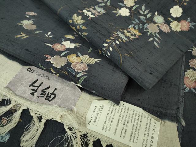 平和屋着物●極上　染織の名門　しょうざん  生紬　訪問着　草花文　青褐色地　金彩　証紙付き　逸品　DZAB3274kh6