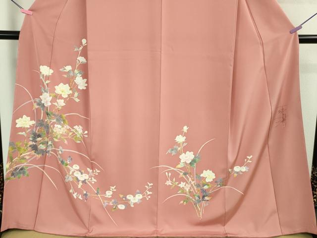 平和屋本店●極上 京加賀友禅 百貫石峰 訪問着 枝花文 薄紅色地 反端付き 逸品 未使用 DZAB3284kh6