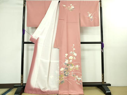 平和屋本店●極上 京加賀友禅 百貫石峰 訪問着 枝花文 薄紅色地 反端付き 逸品 未使用 DZAB3284kh6