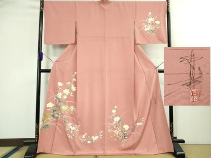 平和屋本店●極上 京加賀友禅 百貫石峰 訪問着 枝花文 薄紅色地 反端付き 逸品 未使用 DZAB3284kh6