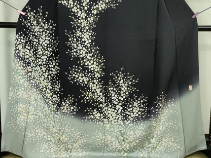 平和屋本店●極上 訪問着 作家物 駒刺繍 枝花文 暈し染め 紫黒色地 暈し染め 金彩 逸品 DZAB3285kh6