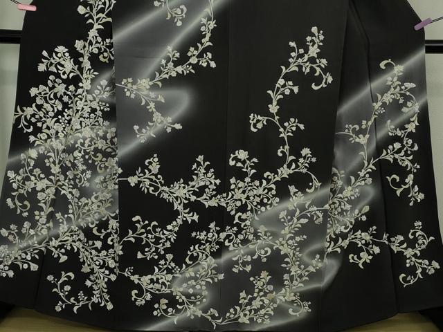 平和屋本店●極上　訪問着　総手刺繍　草花文　暈し染め　黒紅色地　銀糸　逸品　DZAB3297kh6