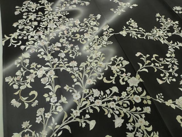平和屋本店●極上　訪問着　総手刺繍　草花文　暈し染め　黒紅色地　銀糸　逸品　DZAB3297kh6