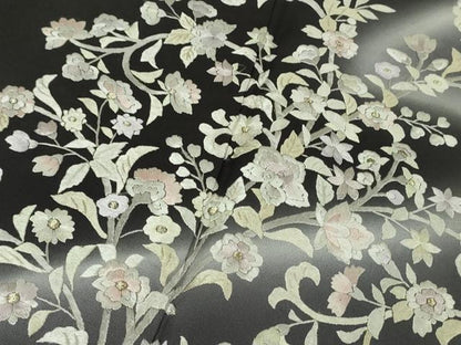 平和屋本店●極上　訪問着　総手刺繍　草花文　暈し染め　黒紅色地　銀糸　逸品　DZAB3297kh6