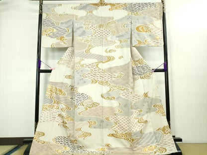 平和屋本店●極上　中国三大刺繍　スワトウ刺繍　汕頭刺繍　総刺繍　立波青海波　灰梅色地　金彩　ロング丈　逸品　DZAB3298kh6