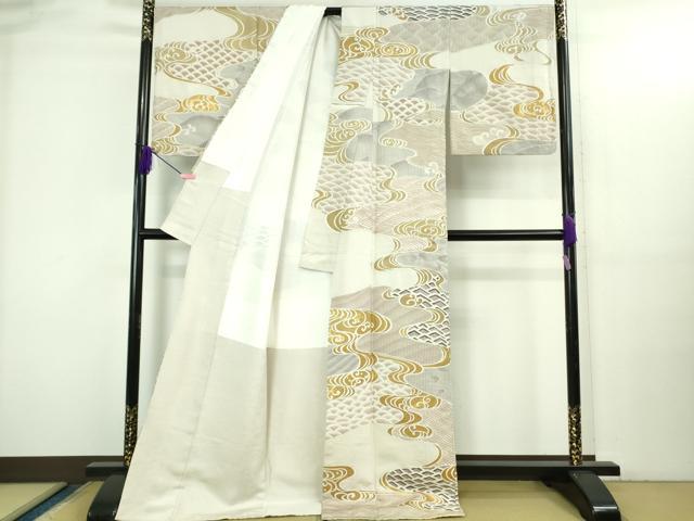 平和屋本店●極上　中国三大刺繍　スワトウ刺繍　汕頭刺繍　総刺繍　立波青海波　灰梅色地　金彩　ロング丈　逸品　DZAB3298kh6