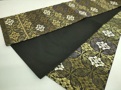 平和屋本店●極上　創業280年　誉田屋源兵衛　全通柄袋帯　唐織　鳥襷　麹塵染　上代35万　黒地　反端付き　逸品　未使用　DZAB3304kh6