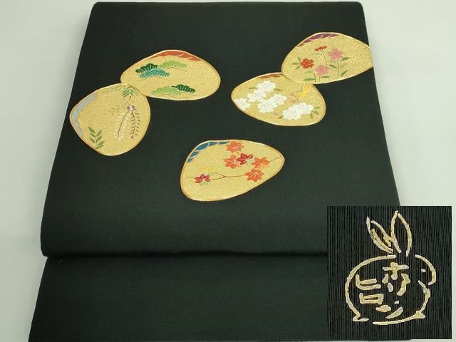 平和屋着物●極上　人形作家・ホリヒロシ　太鼓柄　京袋帯　駒刺繍　貝合せ花文　黒地　本金糸　逸品　DZAB3312kh6
