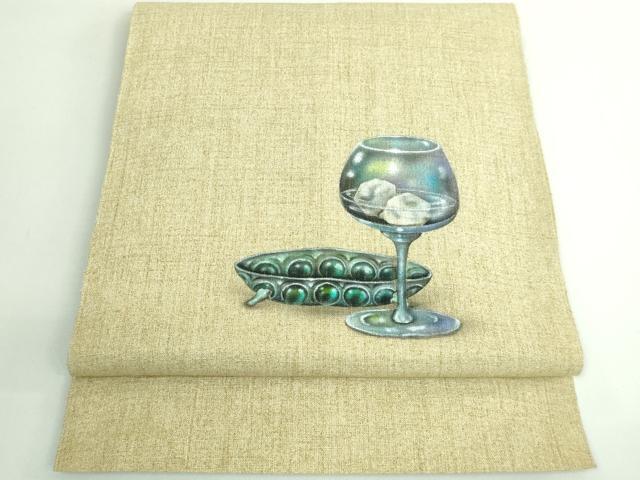 平和屋着物●極上　八寸名古屋帯　紬地　手描き　涌波紅彩　グラス　逸品　DZAB3323kh6