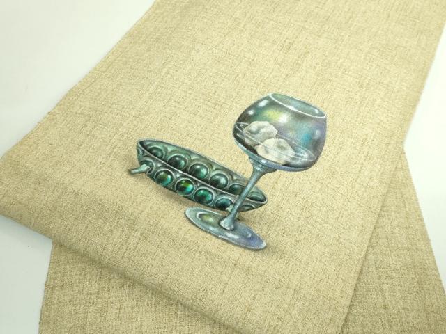 平和屋着物●極上　八寸名古屋帯　紬地　手描き　涌波紅彩　グラス　逸品　DZAB3323kh6