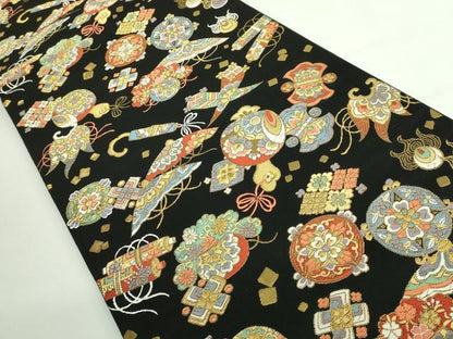 平和屋着物●極上　六通柄袋帯　唐織　宝尽くし　黒地　金糸　逸品　DZAB3329kh6