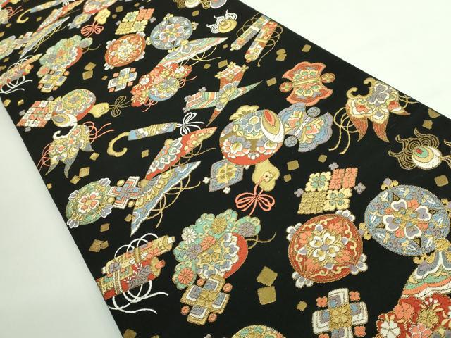 平和屋着物●極上　六通柄袋帯　唐織　宝尽くし　黒地　金糸　逸品　DZAB3329kh6