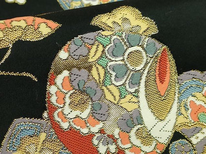 平和屋着物●極上　六通柄袋帯　唐織　宝尽くし　黒地　金糸　逸品　DZAB3329kh6