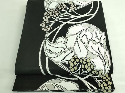 平和屋着物●極上　両面　全通柄袋帯　ART Nouveau Designs　アールヌーボー　唐織　花丸文　黒地　証紙・たとう紙付き　逸品　DZAB3348kh6