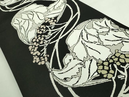 平和屋着物●極上　両面　全通柄袋帯　ART Nouveau Designs　アールヌーボー　唐織　花丸文　黒地　証紙・たとう紙付き　逸品　DZAB3348kh6