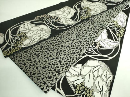 平和屋着物●極上　両面　全通柄袋帯　ART Nouveau Designs　アールヌーボー　唐織　花丸文　黒地　証紙・たとう紙付き　逸品　DZAB3348kh6