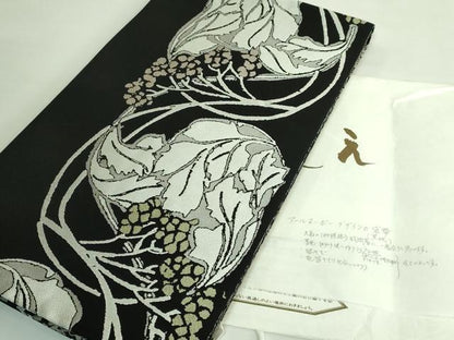 平和屋着物●極上　両面　全通柄袋帯　ART Nouveau Designs　アールヌーボー　唐織　花丸文　黒地　証紙・たとう紙付き　逸品　DZAB3348kh6
