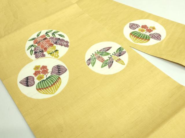 平和屋着物＊極上 夏物 青山みとも 九寸名古屋帯 花丸文 紅型 麻 黄色地 たとう紙付き 逸品 DZAB3350kh6
