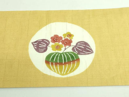 平和屋着物＊極上 夏物 青山みとも 九寸名古屋帯 花丸文 紅型 麻 黄色地 たとう紙付き 逸品 DZAB3350kh6