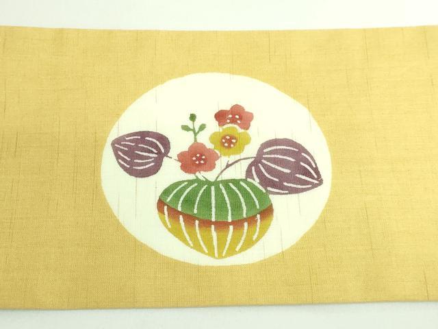 平和屋着物＊極上 夏物 青山みとも 九寸名古屋帯 花丸文 紅型 麻 黄色地 たとう紙付き 逸品 DZAB3350kh6
