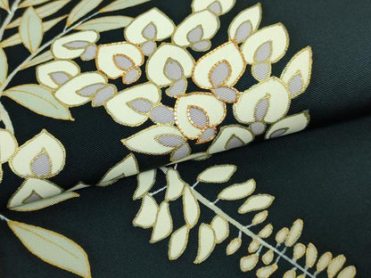 平和屋着物●極上　銀座きしや　塩瀬　九寸名古屋帯　駒刺繍　藤花房　百入茶色地　たとう紙付き　逸品　DZAB3351kh6