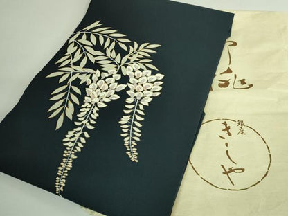 平和屋着物●極上　銀座きしや　塩瀬　九寸名古屋帯　駒刺繍　藤花房　百入茶色地　たとう紙付き　逸品　DZAB3351kh6