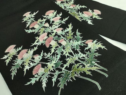 平和屋本店●極上 東京友禅 手描き 加納知之 九寸名古屋帯 アザミ 黒地 金彩 鬼しぼ縮緬 逸品 DZAB3356kh6