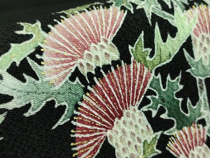 平和屋本店●極上 東京友禅 手描き 加納知之 九寸名古屋帯 アザミ 黒地 金彩 鬼しぼ縮緬 逸品 DZAB3356kh6