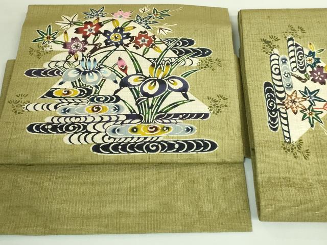 平和屋着物●極上　新 雅 紅型工房　つけ帯　野蚕紬地　山桜に菖蒲　根岸色地　証紙付き　逸品　DZAB3362kh6