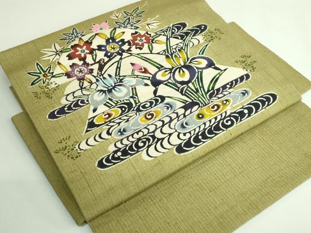 平和屋着物●極上　新 雅 紅型工房　つけ帯　野蚕紬地　山桜に菖蒲　根岸色地　証紙付き　逸品　DZAB3362kh6