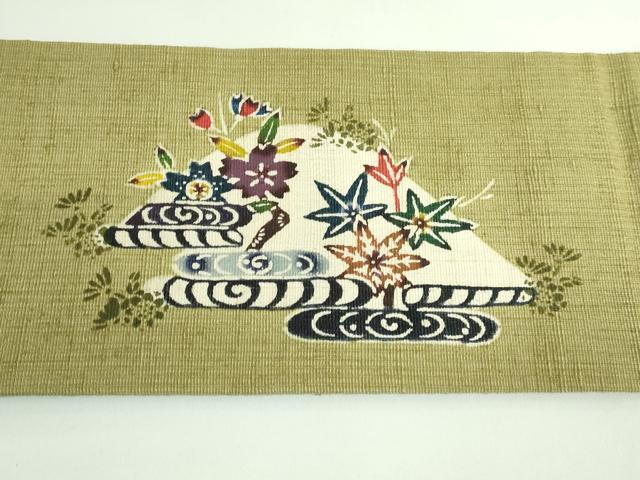 平和屋着物●極上　新 雅 紅型工房　つけ帯　野蚕紬地　山桜に菖蒲　根岸色地　証紙付き　逸品　DZAB3362kh6