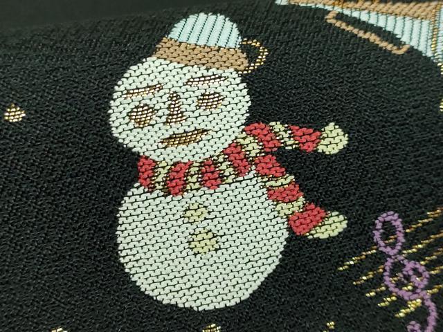 平和屋着物●極上　渋谷幸子　太鼓柄袋帯　クリスマス　サンタクロース　トナカイ　雪だるま　黒地　金糸　写真付き　逸品　DZAB3382kh6