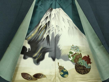 平和屋着物●極上　男性　紬　アンサンブル　羽織・長襦袢(無双仕立て)セット　亀甲柄　羽裏・一富士二鷹三茄子　逸品　DZAB3401kh6