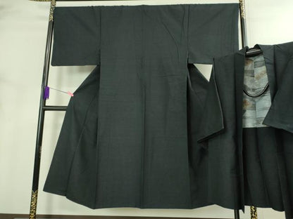平和屋着物●極上　男性　紬　アンサンブル　色無地　濃い藍墨茶色　逸品　DZAB3405kh6