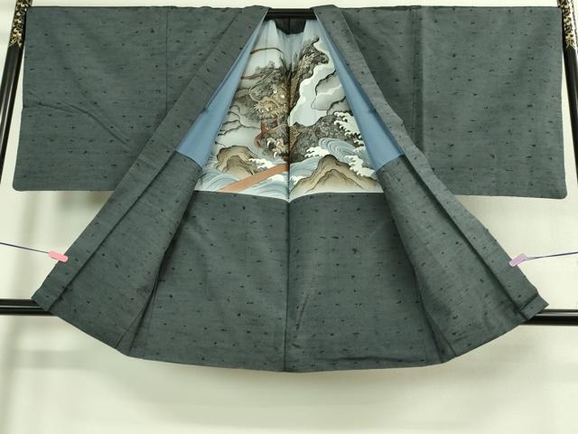 平和屋着物●極上　男性　髭紬　アンサンブル　藍墨茶色　羽裏・龍　逸品　DZAB3406kh6