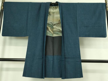 平和屋着物●極上 男性 紬 アンサンブル 長羽織 濃い紺鼠色 逸品 DZAB3415kh6