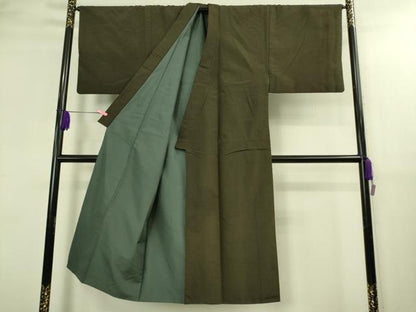 平和屋着物●極上　男性　玉龍紬　アンサンブル　長羽織・長襦袢(無双仕立て)セット　濃い媚茶色　証紙・反端付き　逸品　DZAB3418kh6