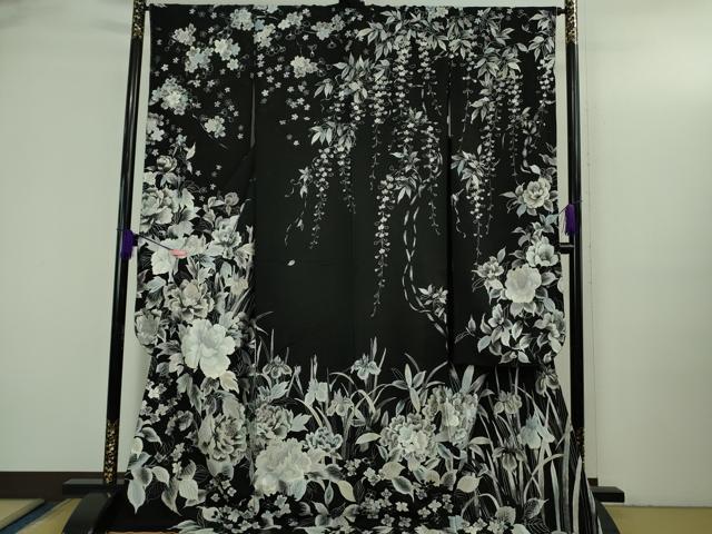 平和屋本店●極上　振袖　総刺繍　四季花文　桜　藤　紫陽花　杜若　牡丹　黒地　逸品　DZAB3419kh6