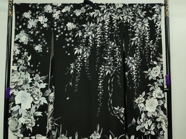 平和屋本店●極上　振袖　総刺繍　四季花文　桜　藤　紫陽花　杜若　牡丹　黒地　逸品　DZAB3419kh6
