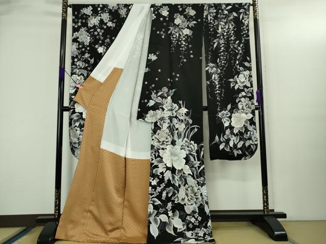 平和屋本店●極上　振袖　総刺繍　四季花文　桜　藤　紫陽花　杜若　牡丹　黒地　逸品　DZAB3419kh6