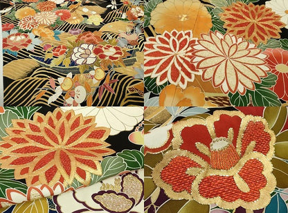 平和屋本店●極上　創業460年・千總　振袖・長襦袢(袷・半衿刺繍)　駒刺繍　立波吉祥花舟文　黒地　逸品　DZAB3420kh6