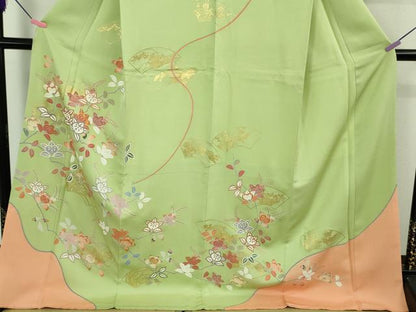 平和屋本店●極上　創業460年・千總　訪問着　駒刺繍　橘　地紙花文　若芽色地　金彩　?島屋扱い　ロング丈　逸品　DZAB3422kh6