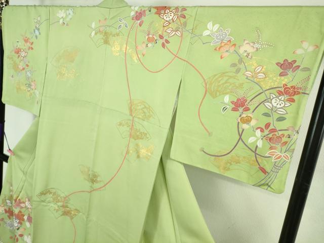 平和屋本店●極上　創業460年・千總　訪問着　駒刺繍　橘　地紙花文　若芽色地　金彩　?島屋扱い　ロング丈　逸品　DZAB3422kh6