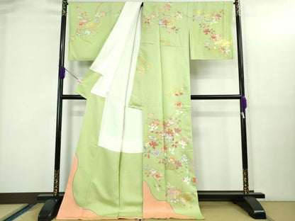 平和屋本店●極上　創業460年・千總　訪問着　駒刺繍　橘　地紙花文　若芽色地　金彩　?島屋扱い　ロング丈　逸品　DZAB3422kh6