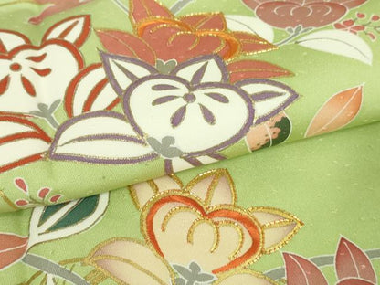 平和屋本店●極上　創業460年・千總　訪問着　駒刺繍　橘　地紙花文　若芽色地　金彩　?島屋扱い　ロング丈　逸品　DZAB3422kh6