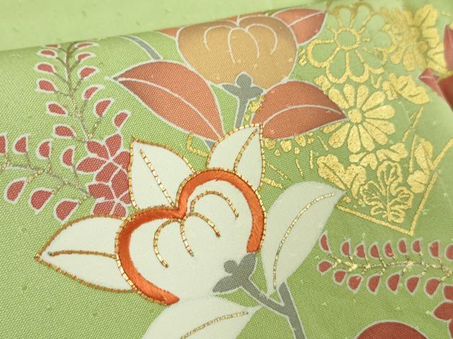 平和屋本店●極上　創業460年・千總　訪問着　駒刺繍　橘　地紙花文　若芽色地　金彩　?島屋扱い　ロング丈　逸品　DZAB3422kh6